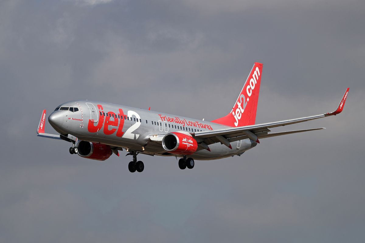 Boeing 737-85F, from Jet2 company, getting ready to land at Barcelona airport, in Barcelona