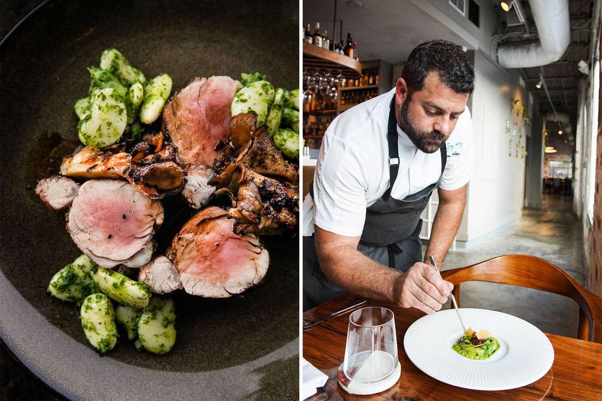 Two photos from Atlanta, one showing a pork tenderloin dish and one showing a chef plating a dish at a restaurant