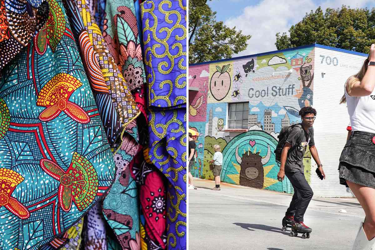 Two photos from Atlanta, one showing West African textiles at a boutique, and another showing pedestrians and a skateboarder on a street
