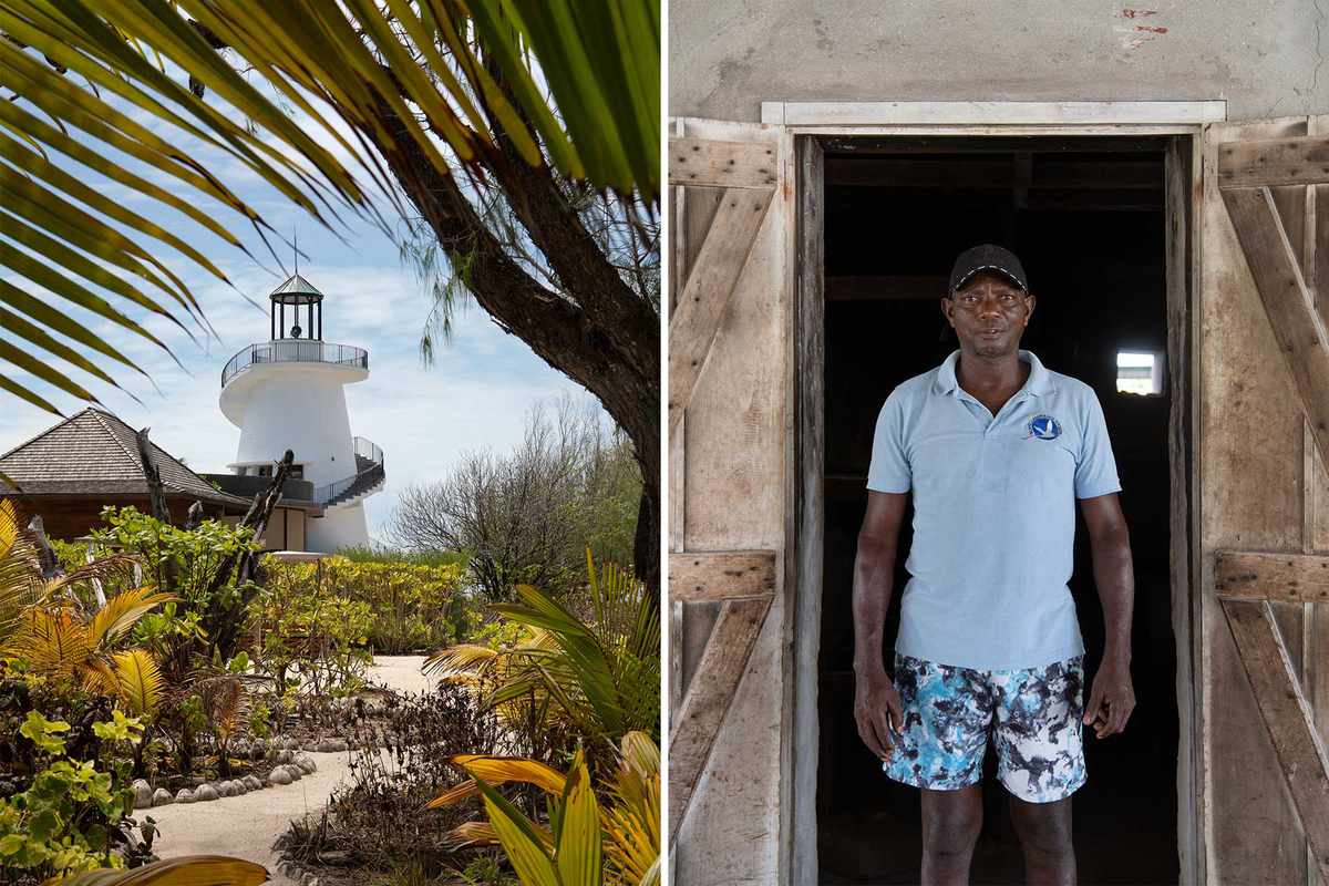 Two photos from the Seychelles, including a lighthouse-shaped restaurant at a luxury resort, and a conservation ranger on Desroches island