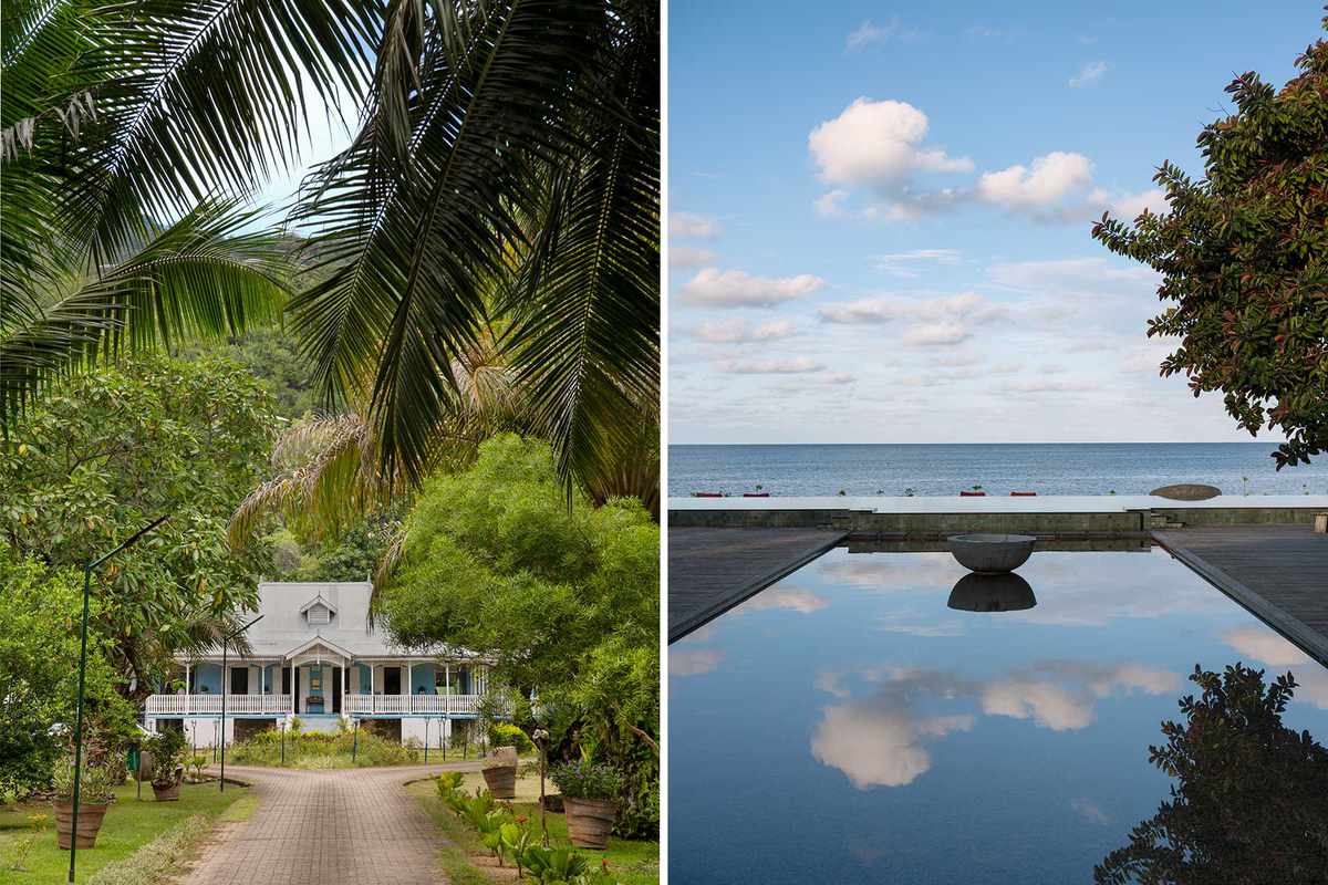 Two scenes from the Seychelles, including a Creole-style former plantation house, and the pool at a luxury resort