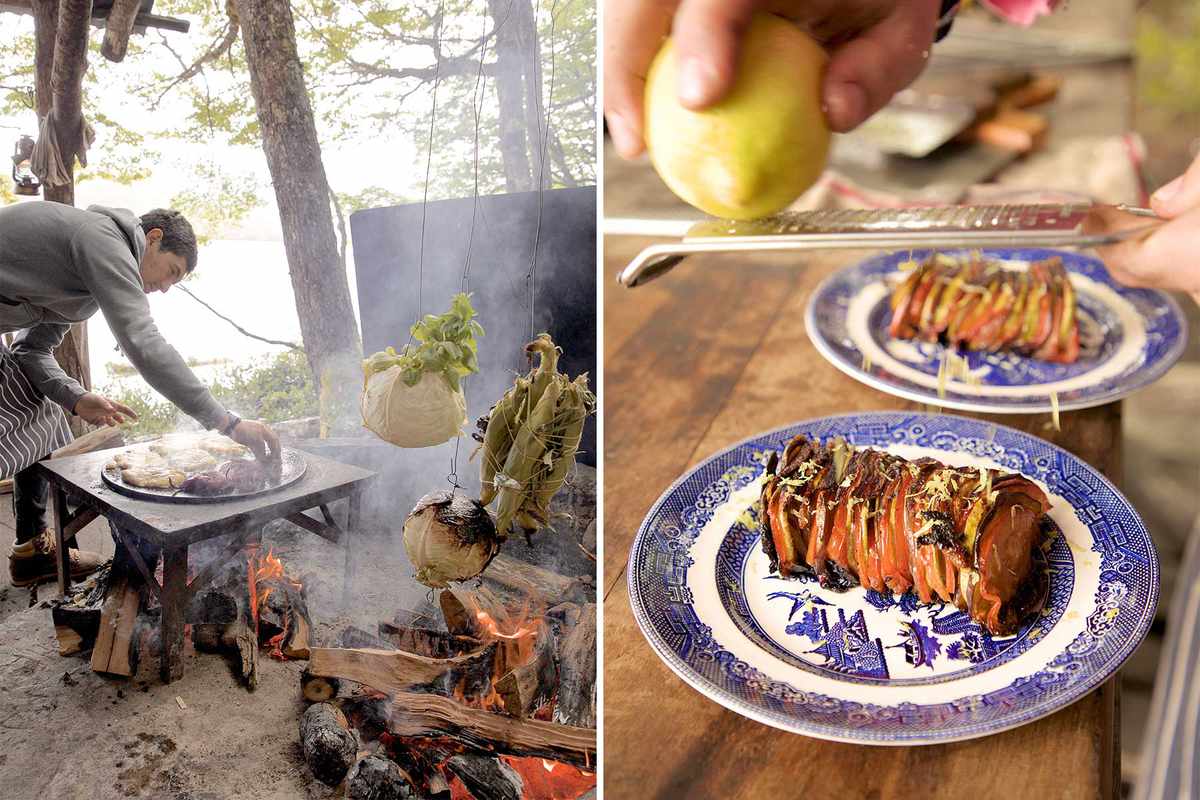 Scenes from Francis Mallmann's plant-based retreat in Argentina, including a chef at work grilling vegetables, and a sliced-vegetable dish