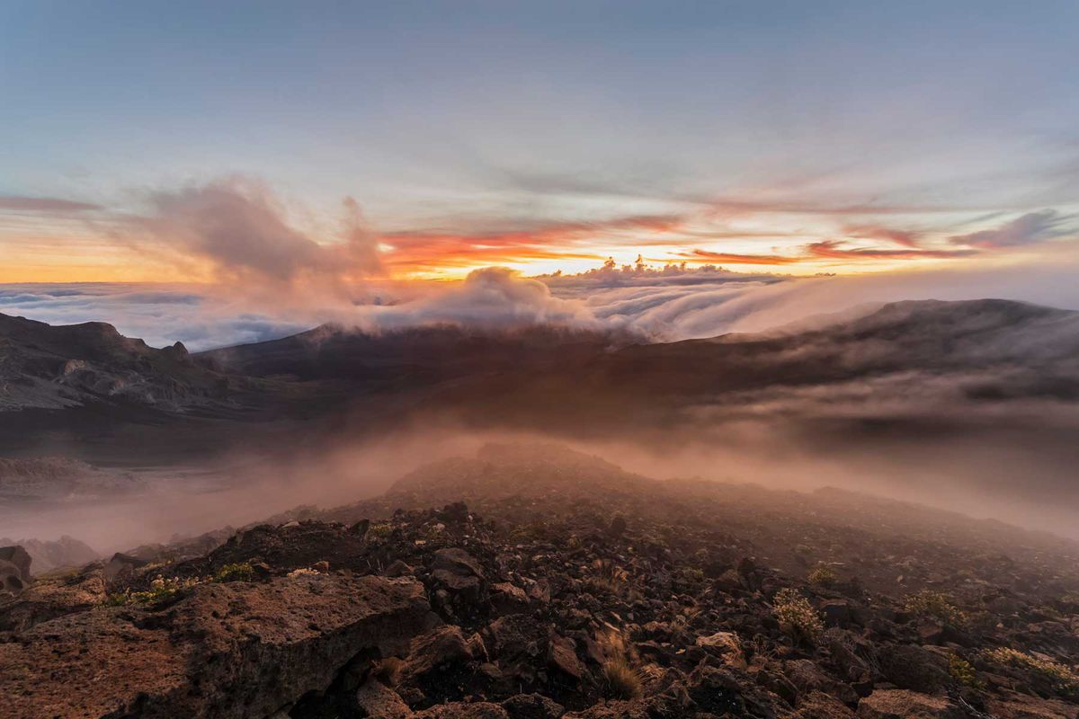 Crater of Haleakala volcano at sunrise, Haleakala National Park, Hawaii