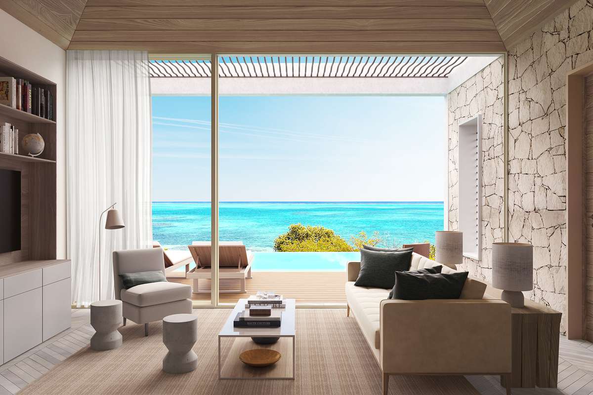 A living room inside a Rock House at Grace Bay Resorts