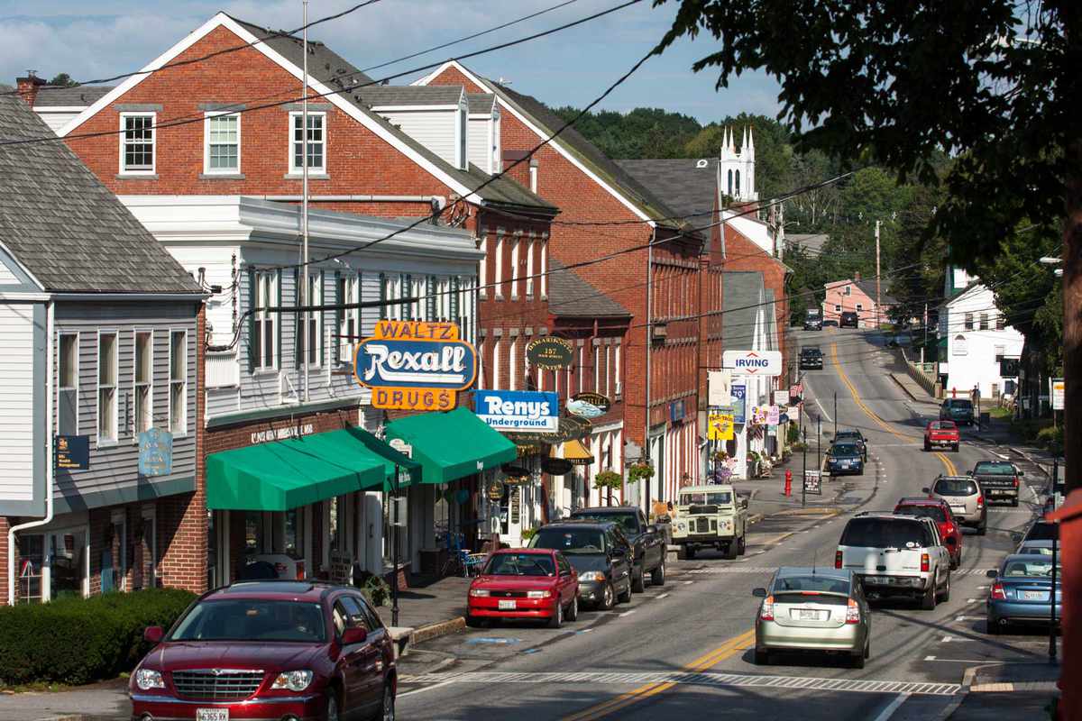 Town center view of Damariscotta Maine along US Highway 1
