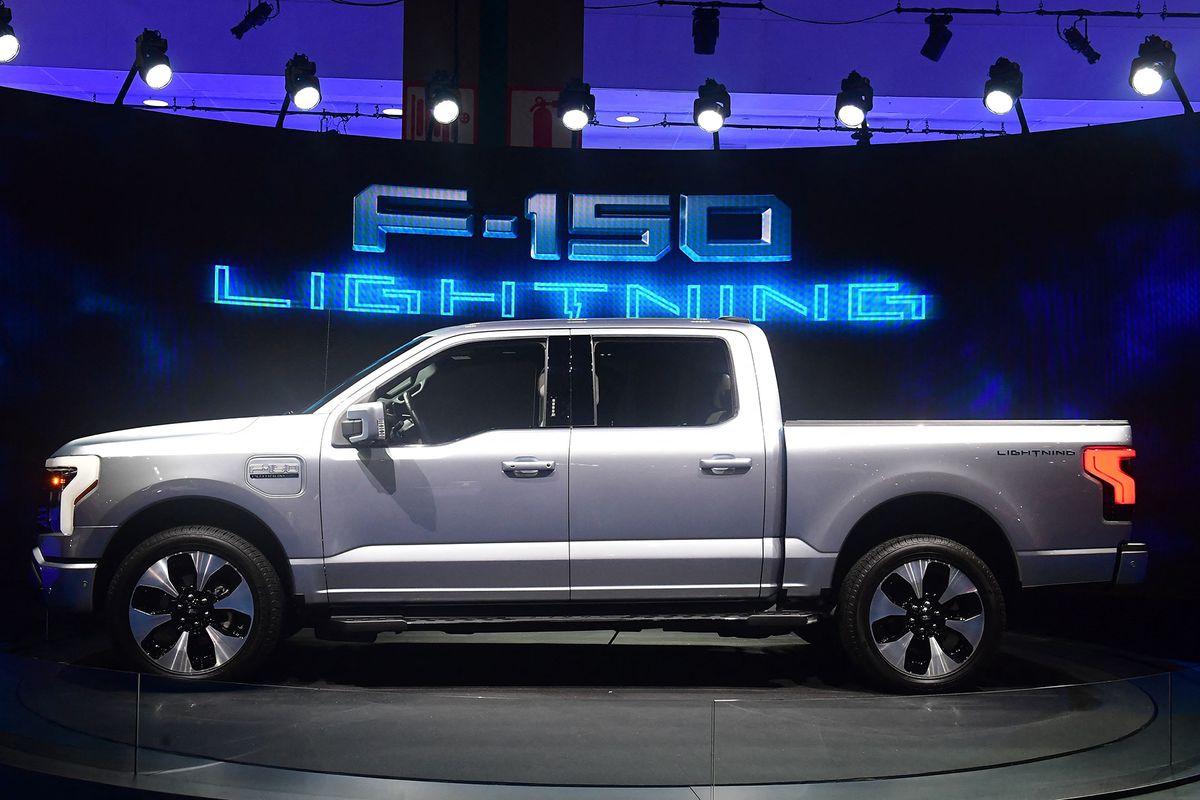 The all-electric F-150 Lightning from Ford is displayed at the Los Angeles Auto Show