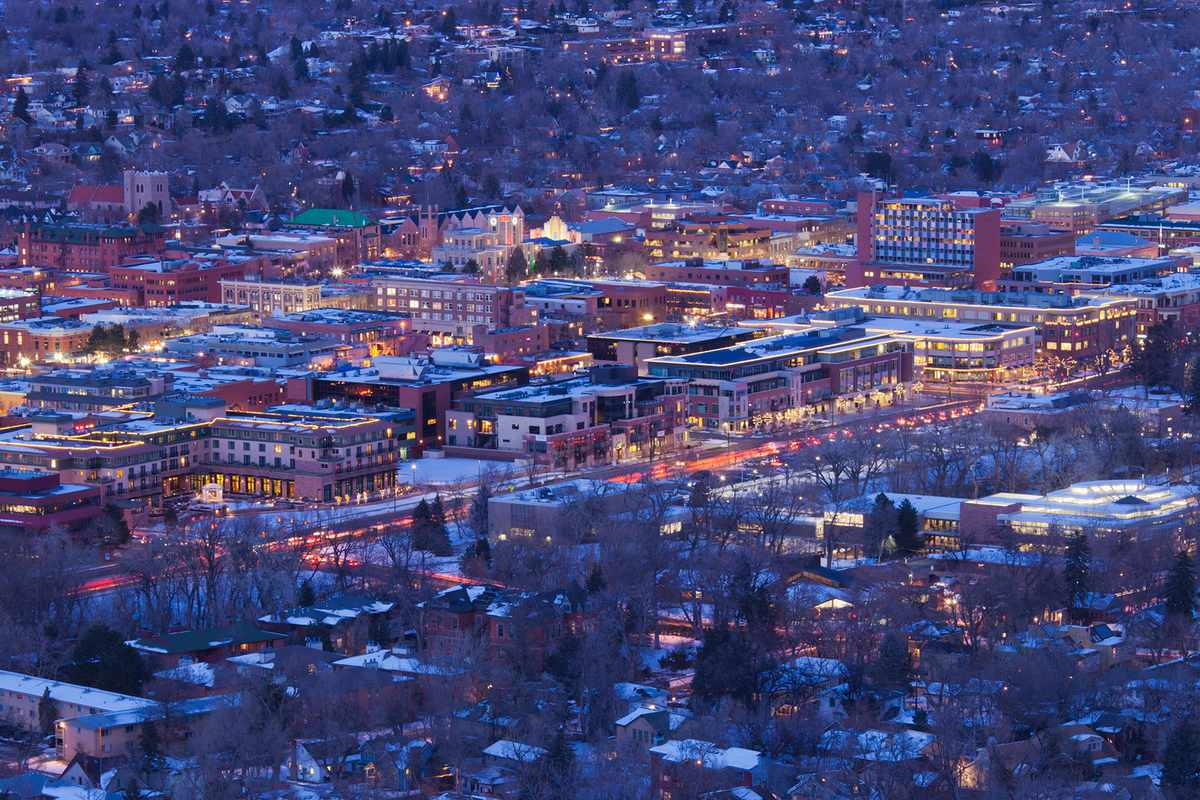 Aerial view of Boulder, CO, winter town view