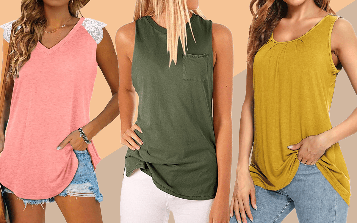 Women Summer V Neck Flowy Tee Solid Color Vest Loose Fit Sleeveless T-Shirts Floral Casual Tunics KEYEE Women Tank Tops