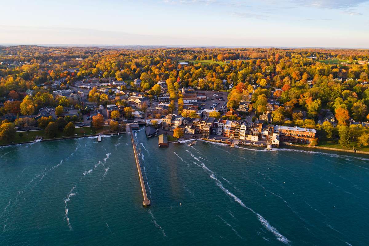 Aerial of Small Village in Skaneateles on the Finger Lakes in upstate New York