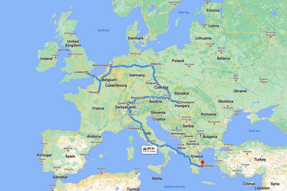 A path marked through popular European cities