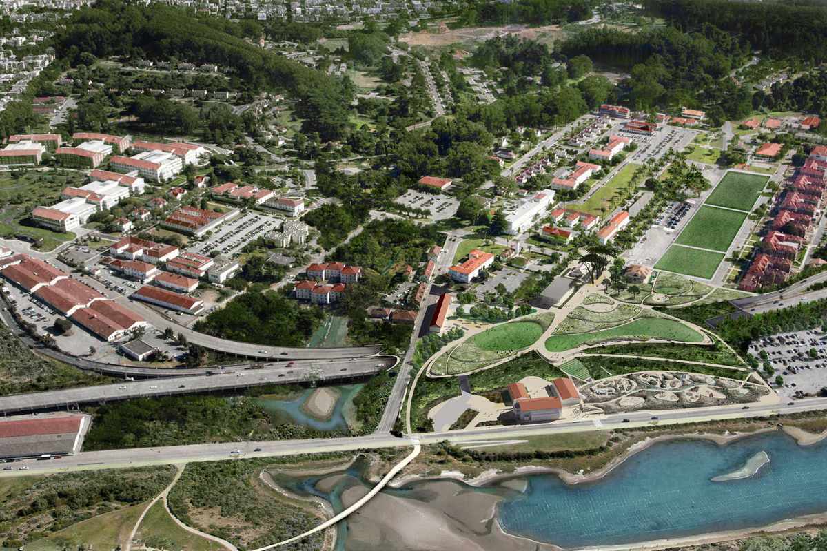 Presidio Tunnel Tops renderings, expansive green park along the water near the Golden Gate Bridge