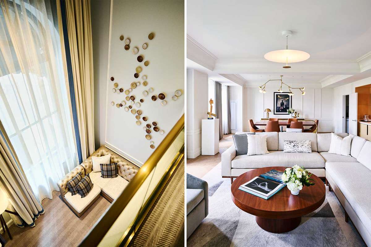 Two photos show hotel suite interiors at two Boston Hotels