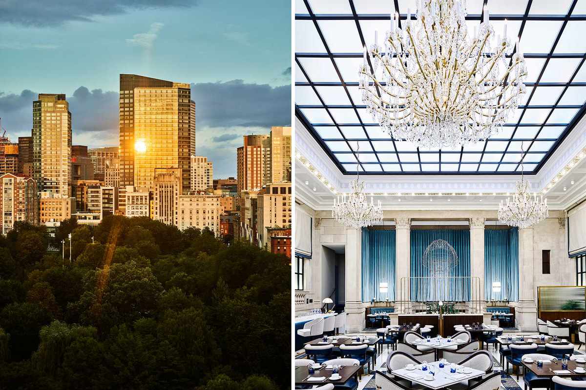 Two photos from Boston, one overlooking the Public Garden, and the other showing the grand interior of a restaurant