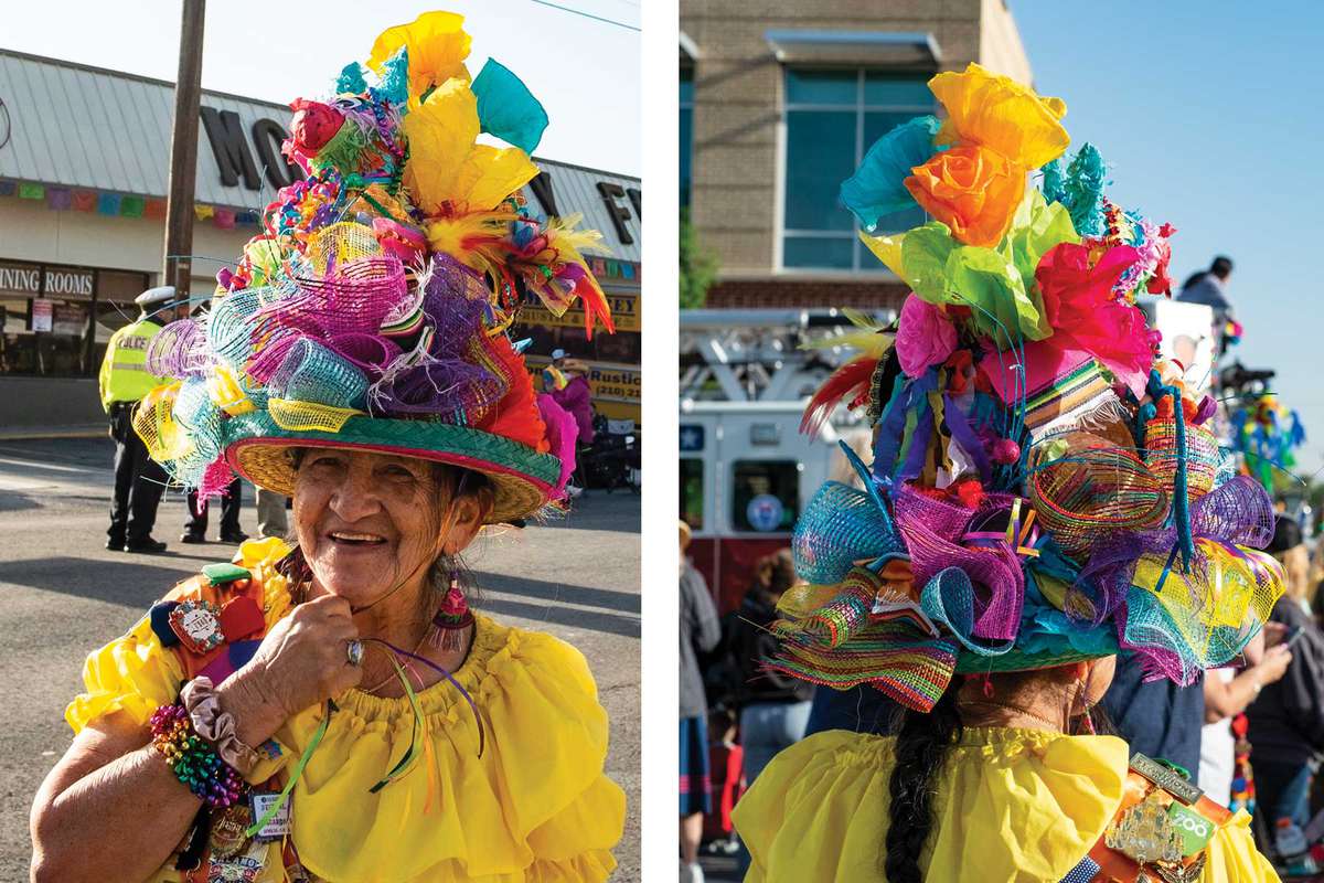 A woman wears an elaborate fiesta hat for the parade.