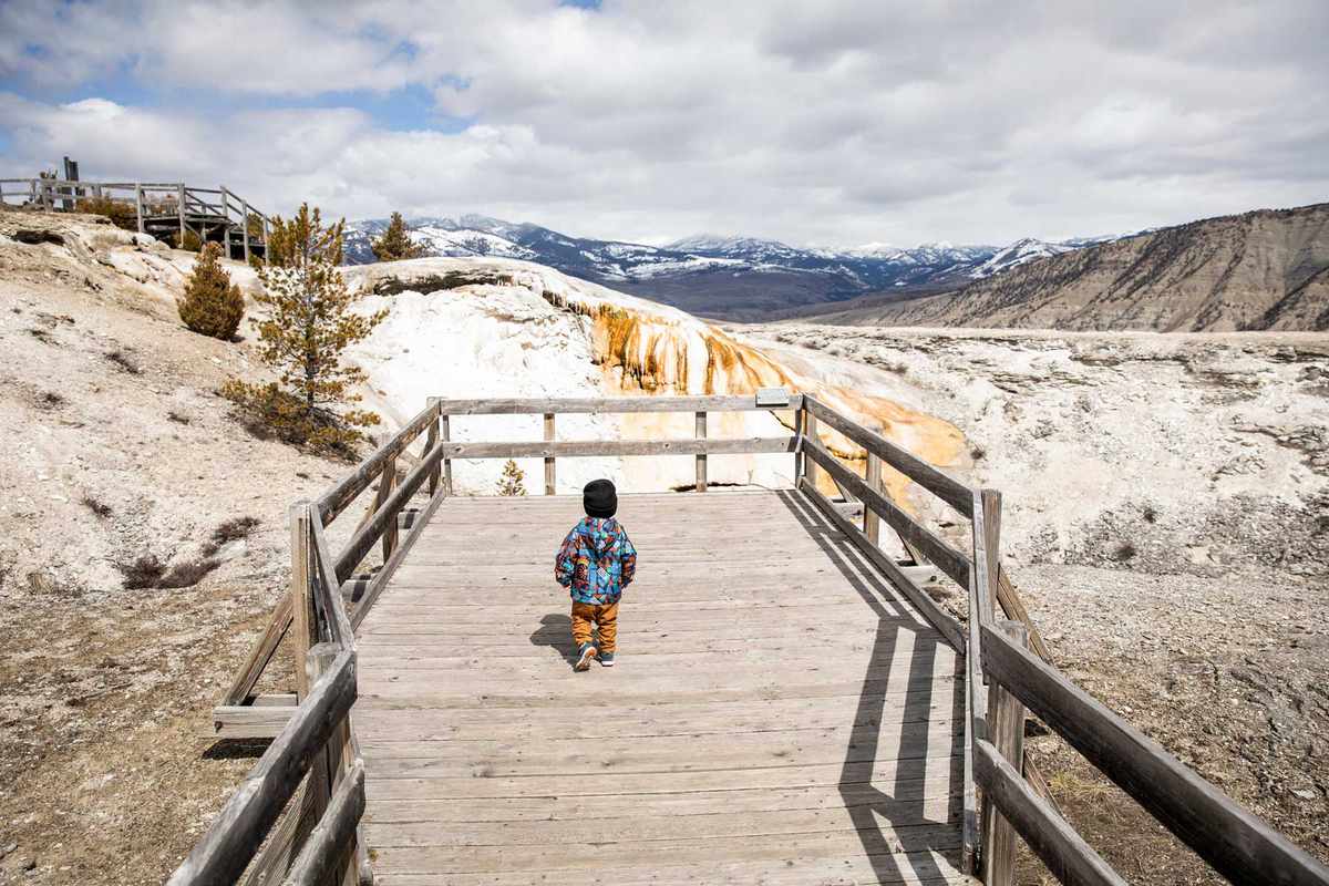 Toddler walking on boardwalk at Yellowstone National Park