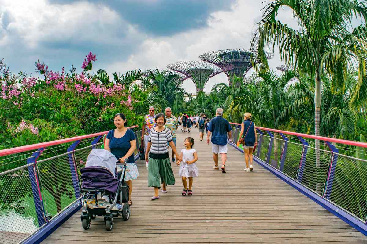 People walking on bridge in Gardens by the Bay in Singapore