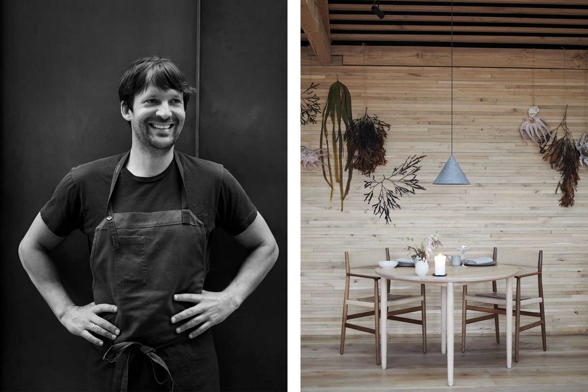 Portrait of chef, Rene Redzepi and interior dining at Noma Seafood