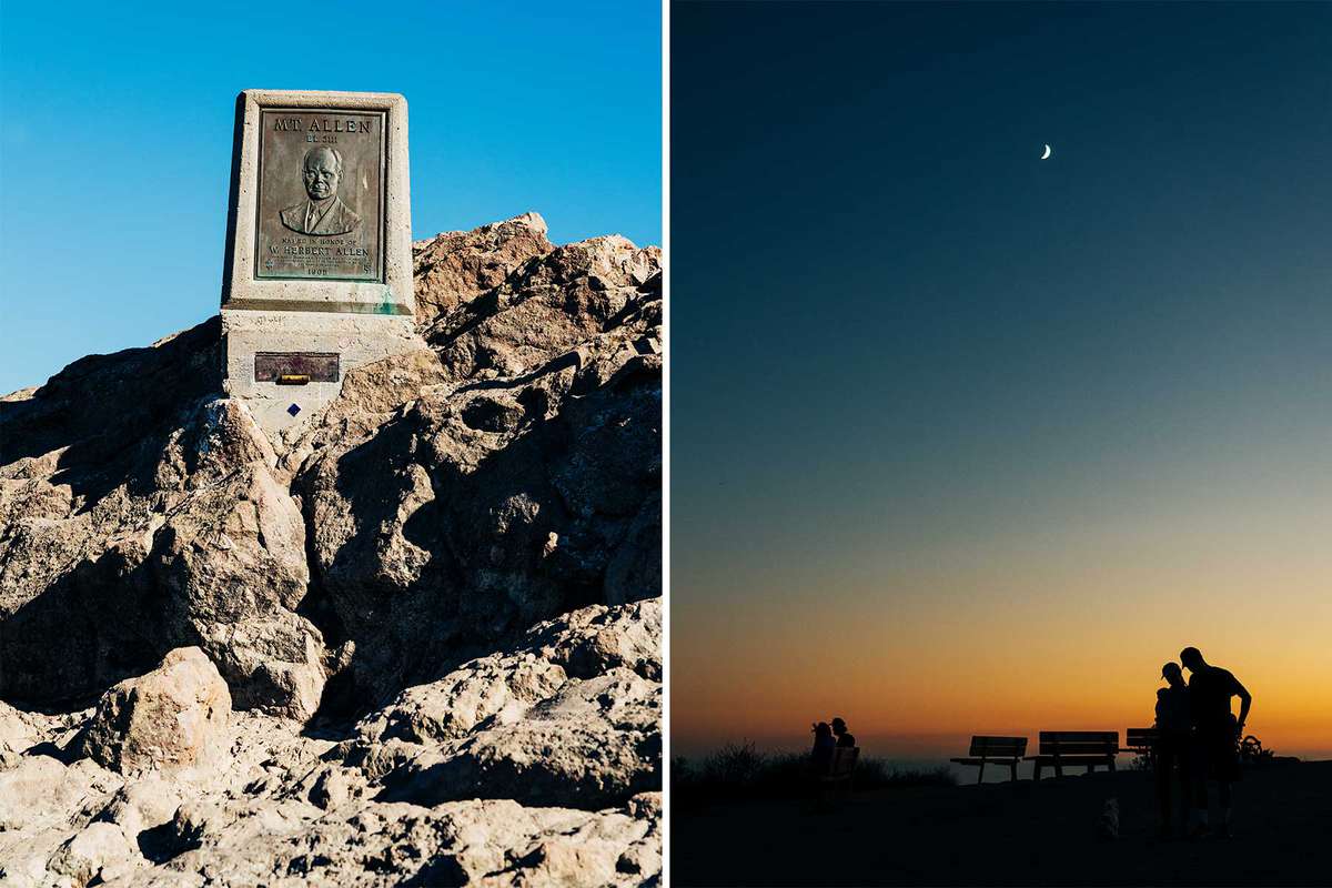 The photos from California's Backbone Trail, including the summit of Sandstone Peak, and people in silhouette against the sunset at Inspiration Point