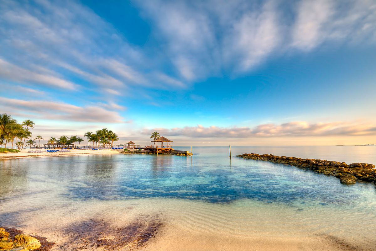 View of beach and ocean in Nassau, Bahamas.