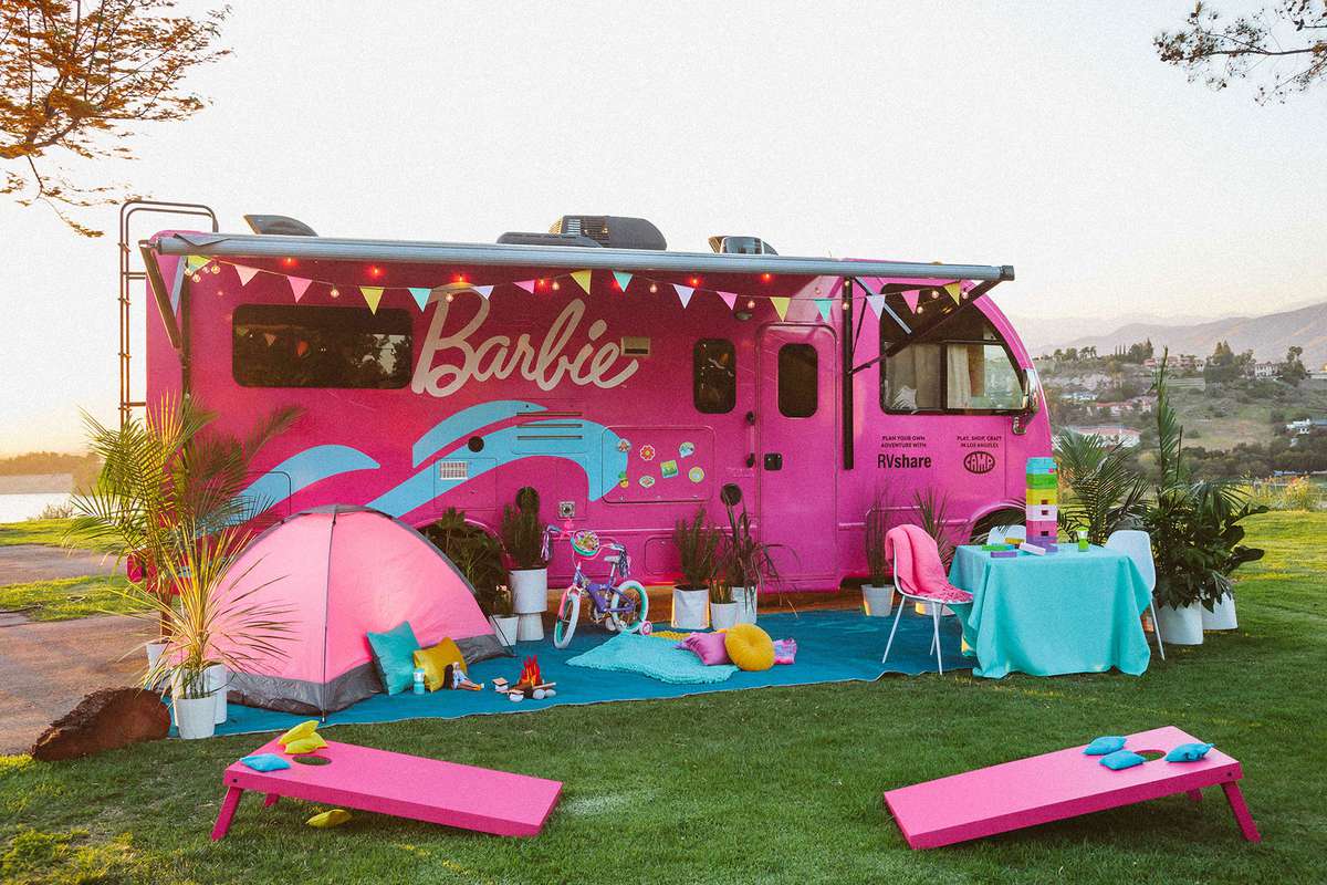 The exterior of the RVshare x Barbie DreamCamper