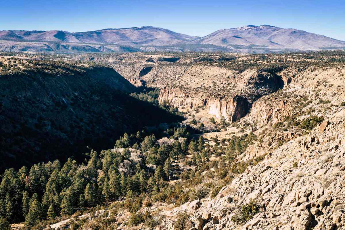 Scenic view of Frijoles Canyon in Bandelier National Monument, New Mexico