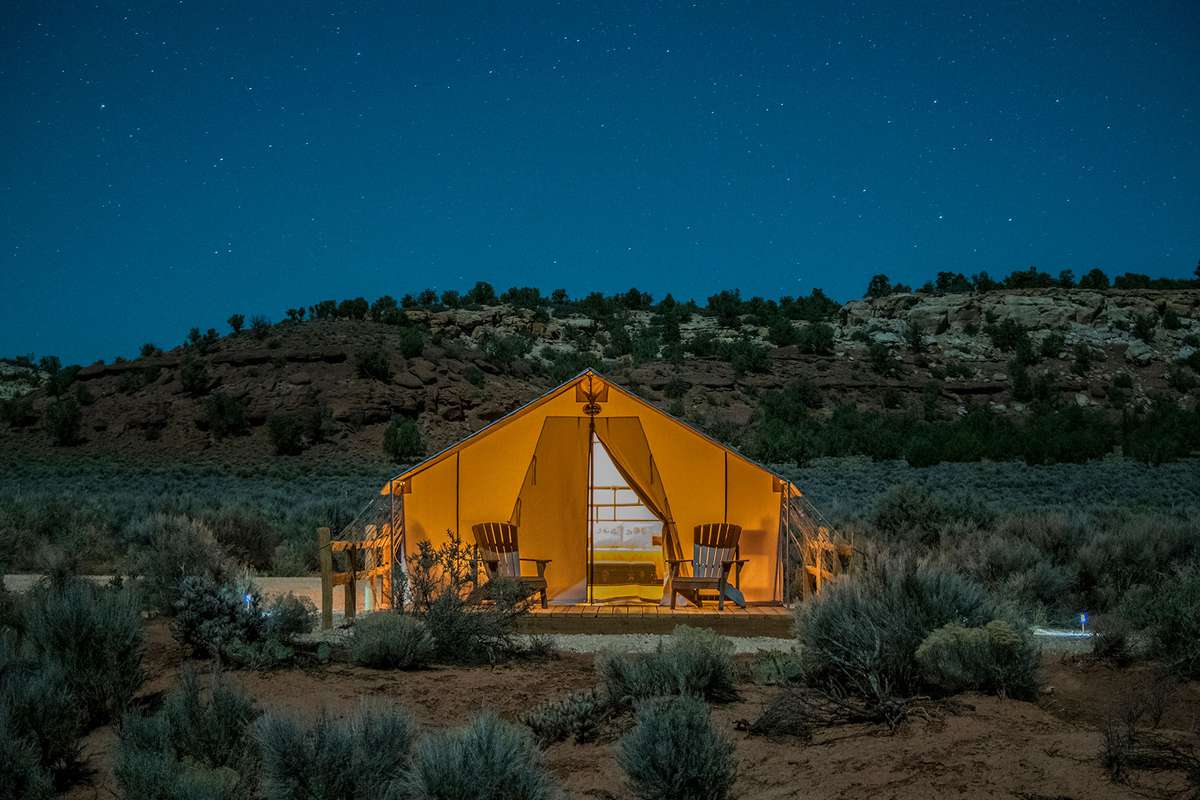 Exterior of a glamping tent at BaseCamp 37 under the stars