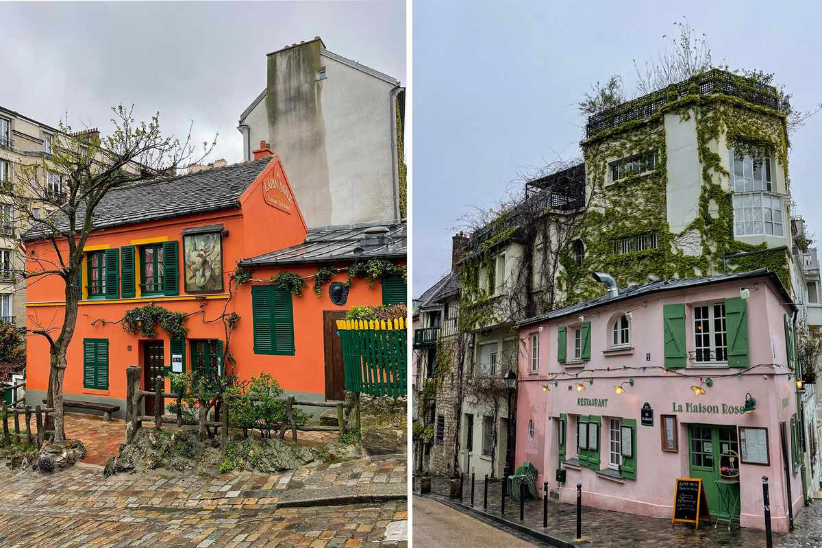From left: The exterior of Lapin Agile, a historic bar in Montmartre; Exterior of La Maison Rose, a famous restaurant in Montmartre
