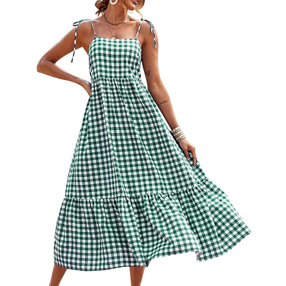 PRETTYGARDEN Summer Dress for Women Plaid Spaghetti Strap
