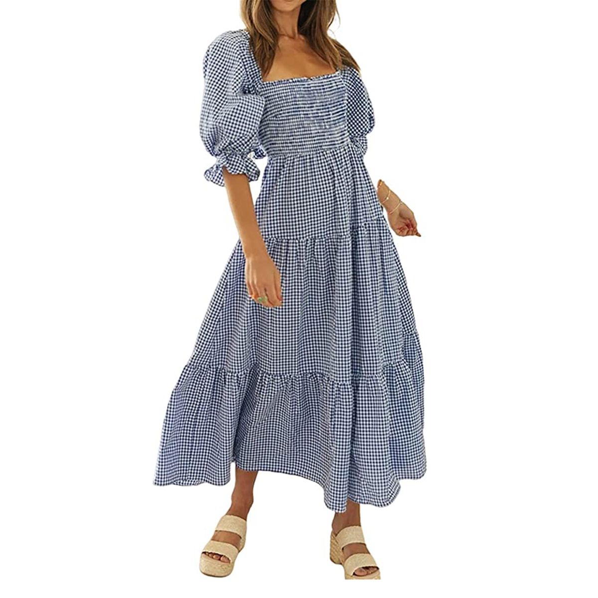 R.Vivimos Women's Summer Cotton Plaid Puff Sleeves Bow Casual Off-Shoulder Boho Midi Dress 3.8 out of 5 stars