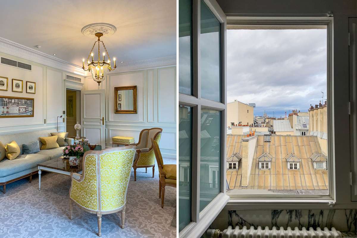 From left: A lounge area inside of Le Meurice; View from a window at Le Meurice