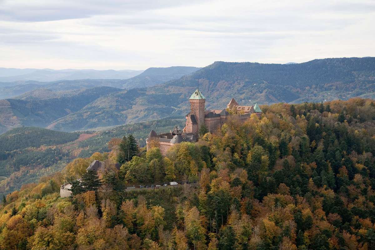 Aerial view over the Alsace department. "Chateau du Haut-Koenigsbourg" castle.