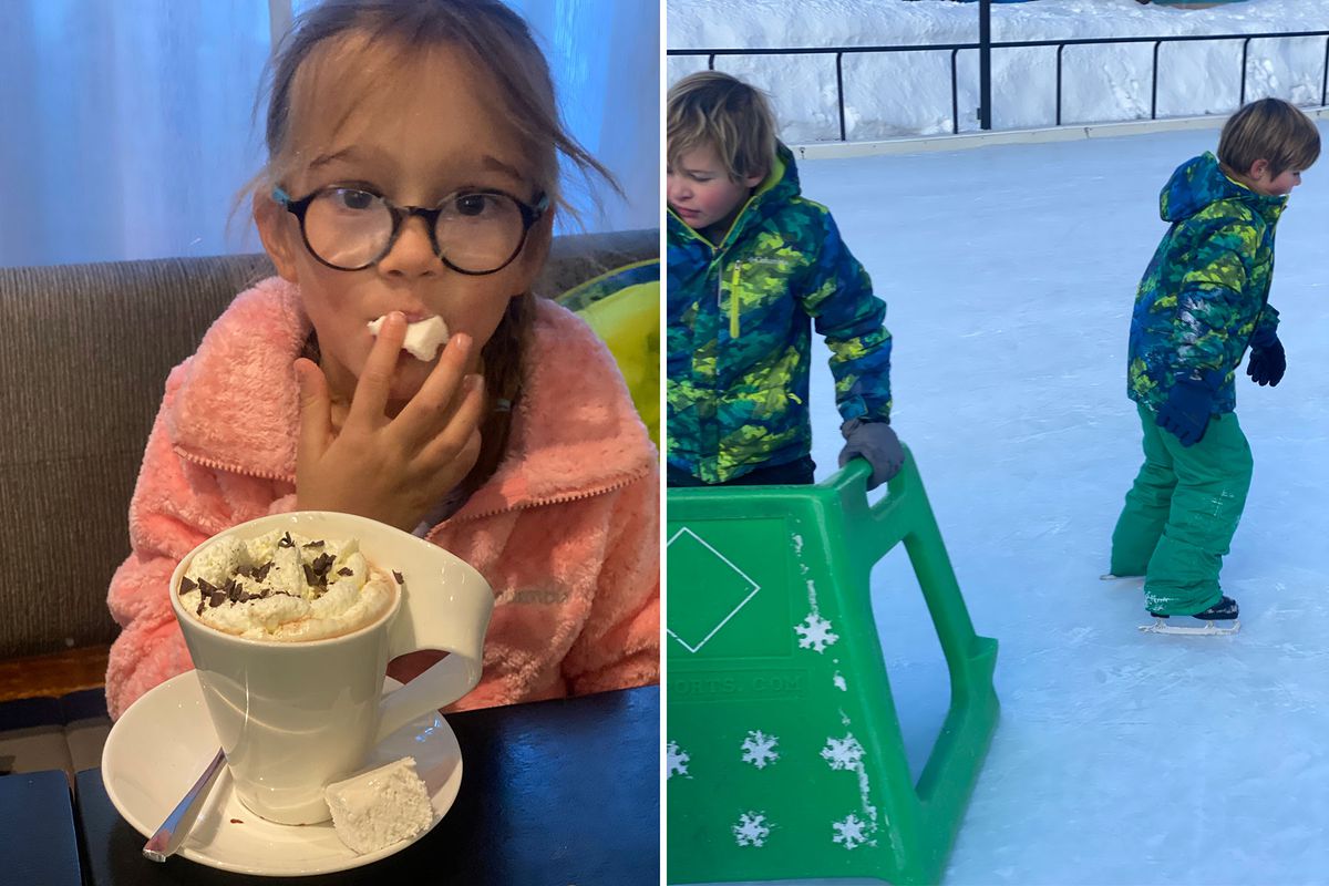 From left: A hot chocolate from  The Little Nell's Ajax Tavern; Children ice skating in Aspen