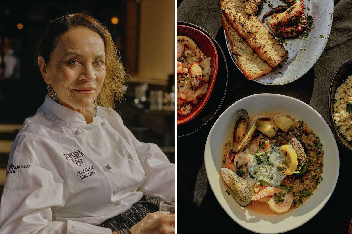 Two photos from Mariposa restaurant, including a portrait of Chef Owner Lisa Dahl, and an assortment of seafood dishes