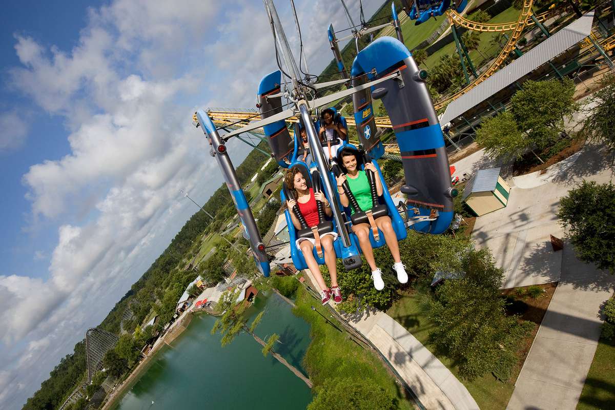 Park goers on the Aviator coaster at Wild Adventures Theme Park