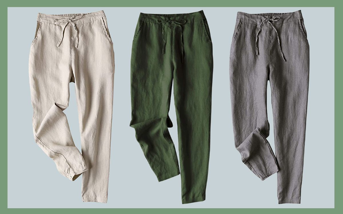IXIMO Women's Tapered Pants 100% Linen Drawstring Back Elastic Waist Ankle Length Pants