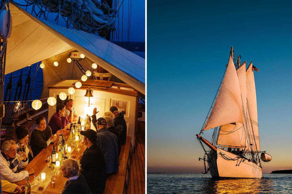 Two photos from the Ladona windjammer ship, including a guest dinner, and the boat on the water at full sail