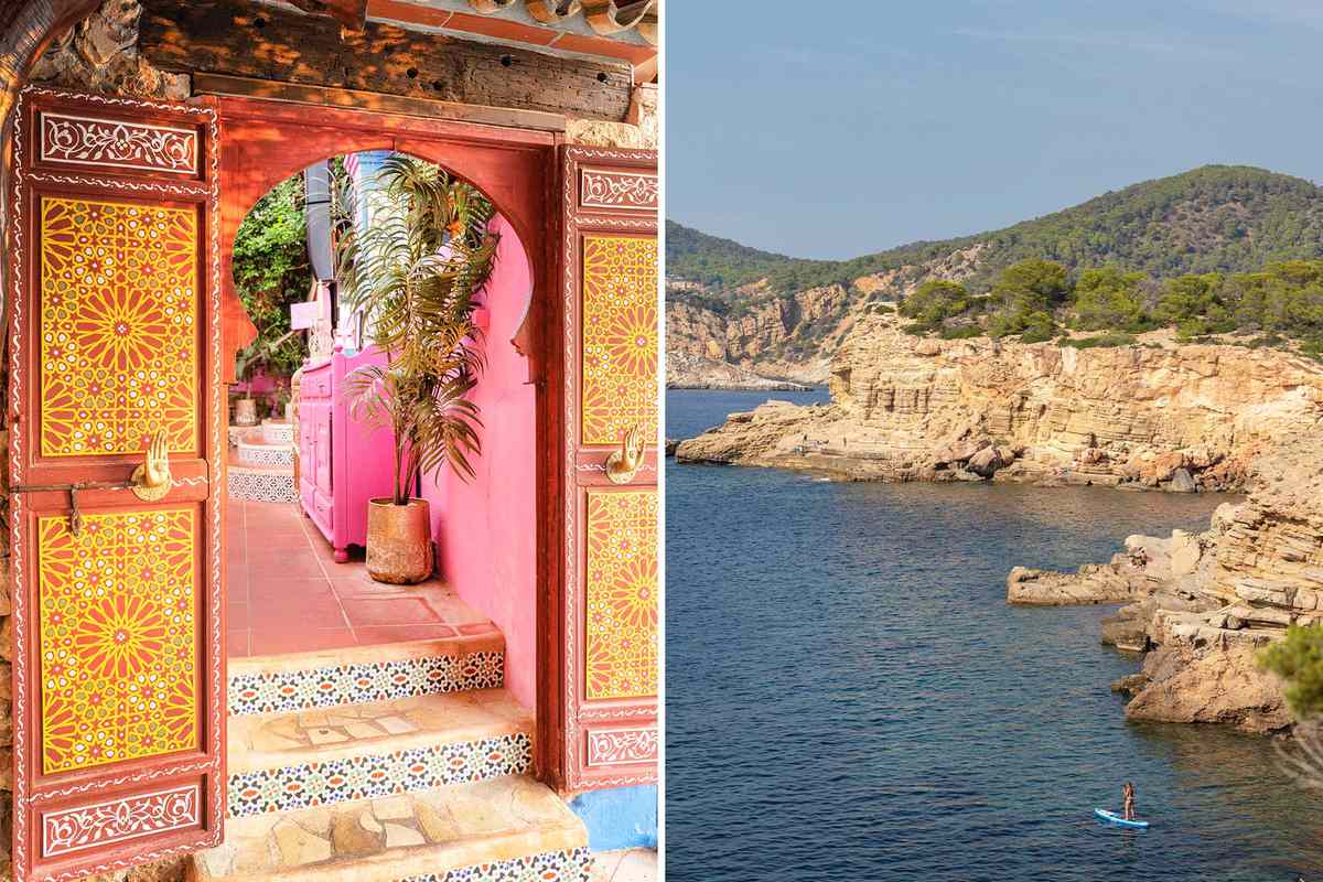Two photos from Ibiza, showing a colorful doorway at a hotel, and a rocky cliff coastline with a paddlboarder in the water