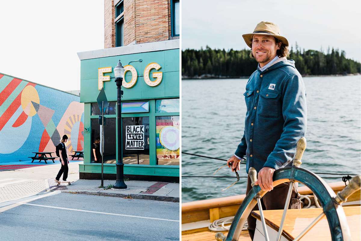 Two photos show the main street of Rockland, Maine, and Ladona boat captain JR Braugh