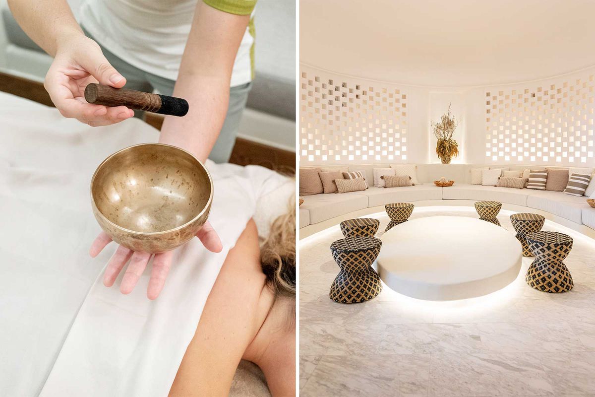 Pair of photos from the spa at Six Senses Ibiza, including singing bowls and the relaxation area