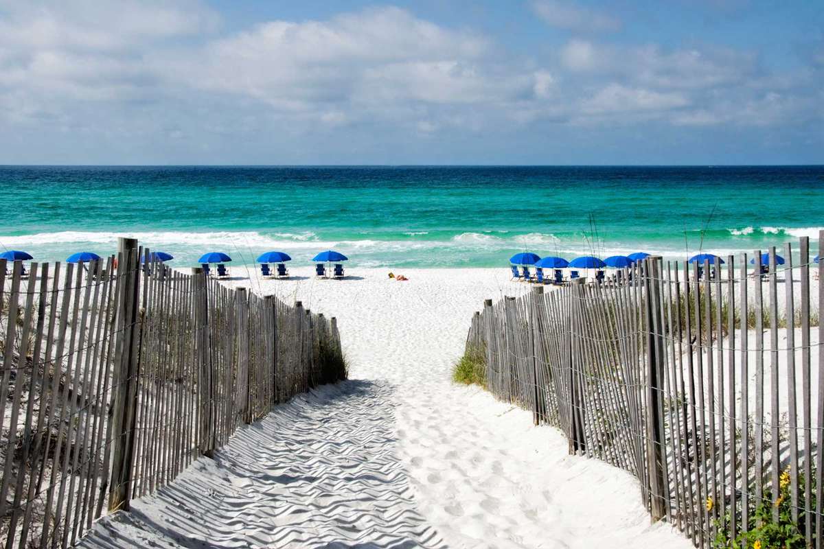 White sand footpath leading to a beach at Seaside Florida in Walton County. The panhandle of Florida is known as the Emerald Coast due to the emerald green color of the water.