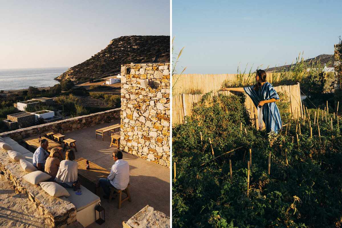 Two photos from the Rooster hotel in Greece, including guests on the terrace, and a woman in the garden