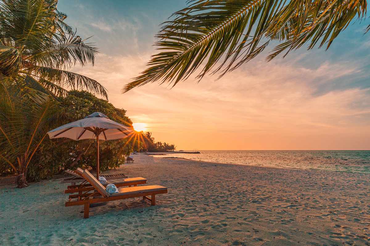 Beautiful tropical sunset scenery, two loungers and an umbrella under palm trees at sunset in South Ari atoll, Maldives