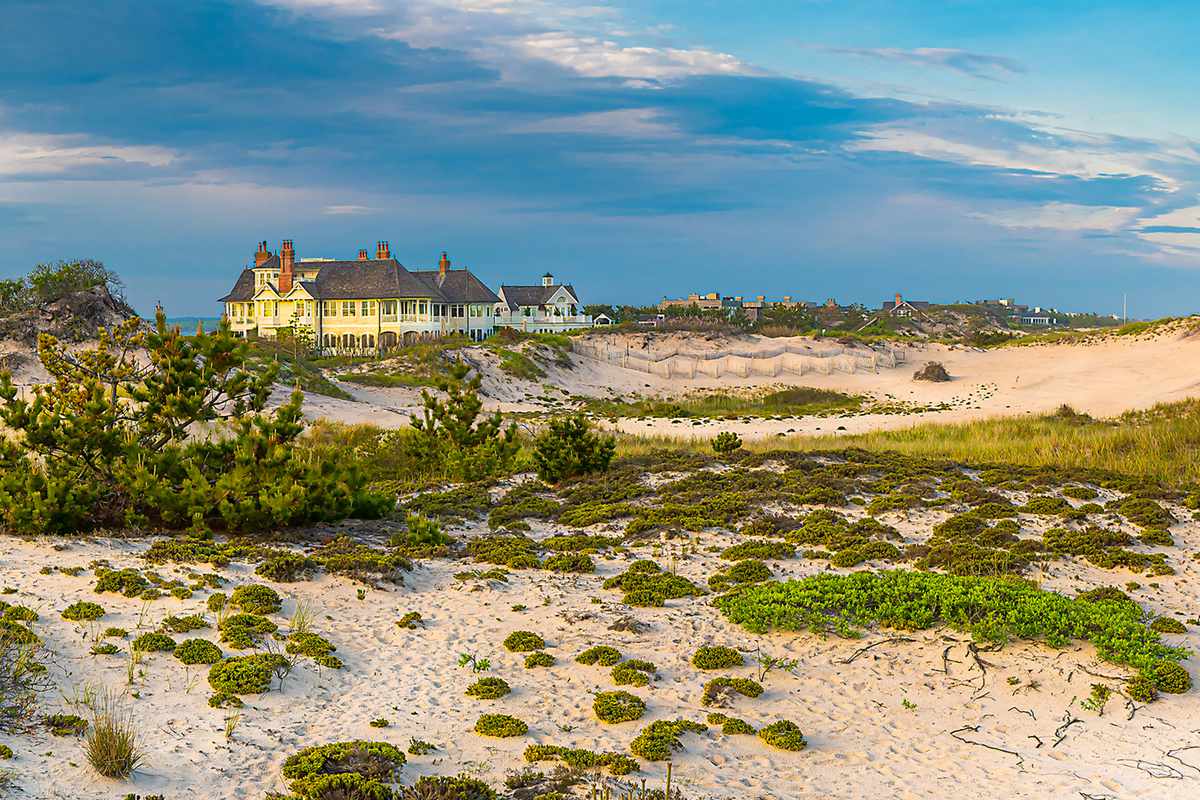 Classic Hamptons views of the seashore, dunes and ocean front mansions of "The Hamptons" on Long Island