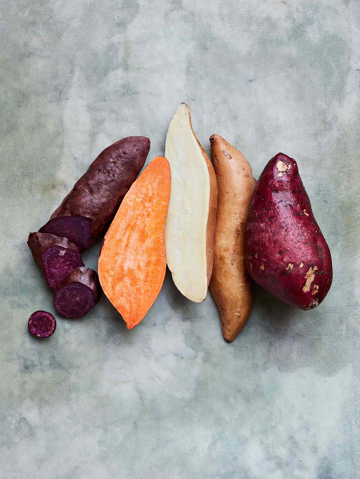 purple, orange, and white sweet potatoes