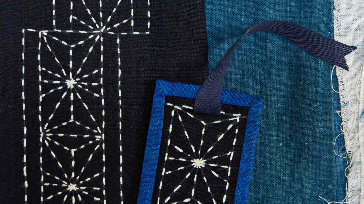 blue fabric bookmark with ribbon