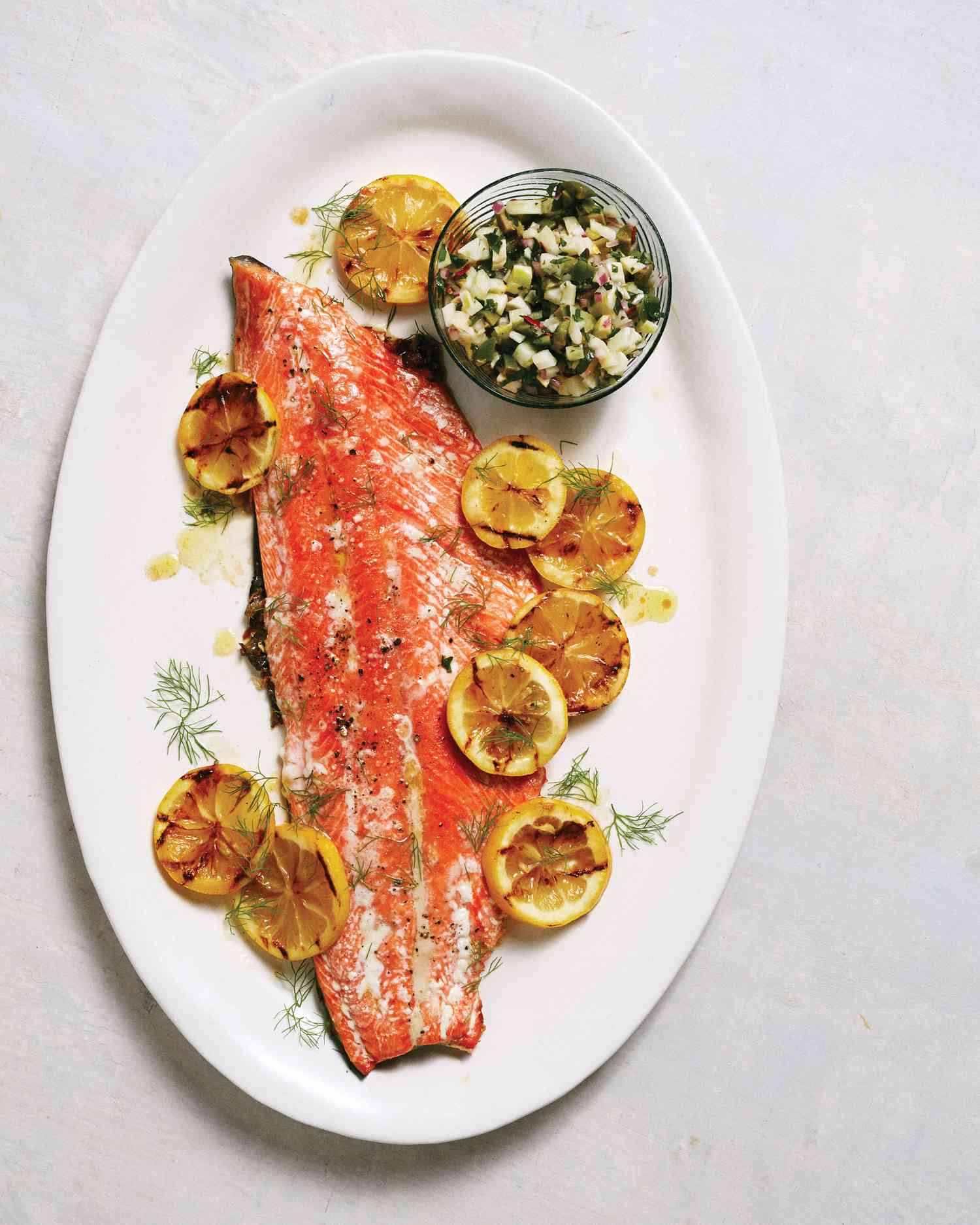Crisp Grilled Salmon with Fennel-Olive Relish