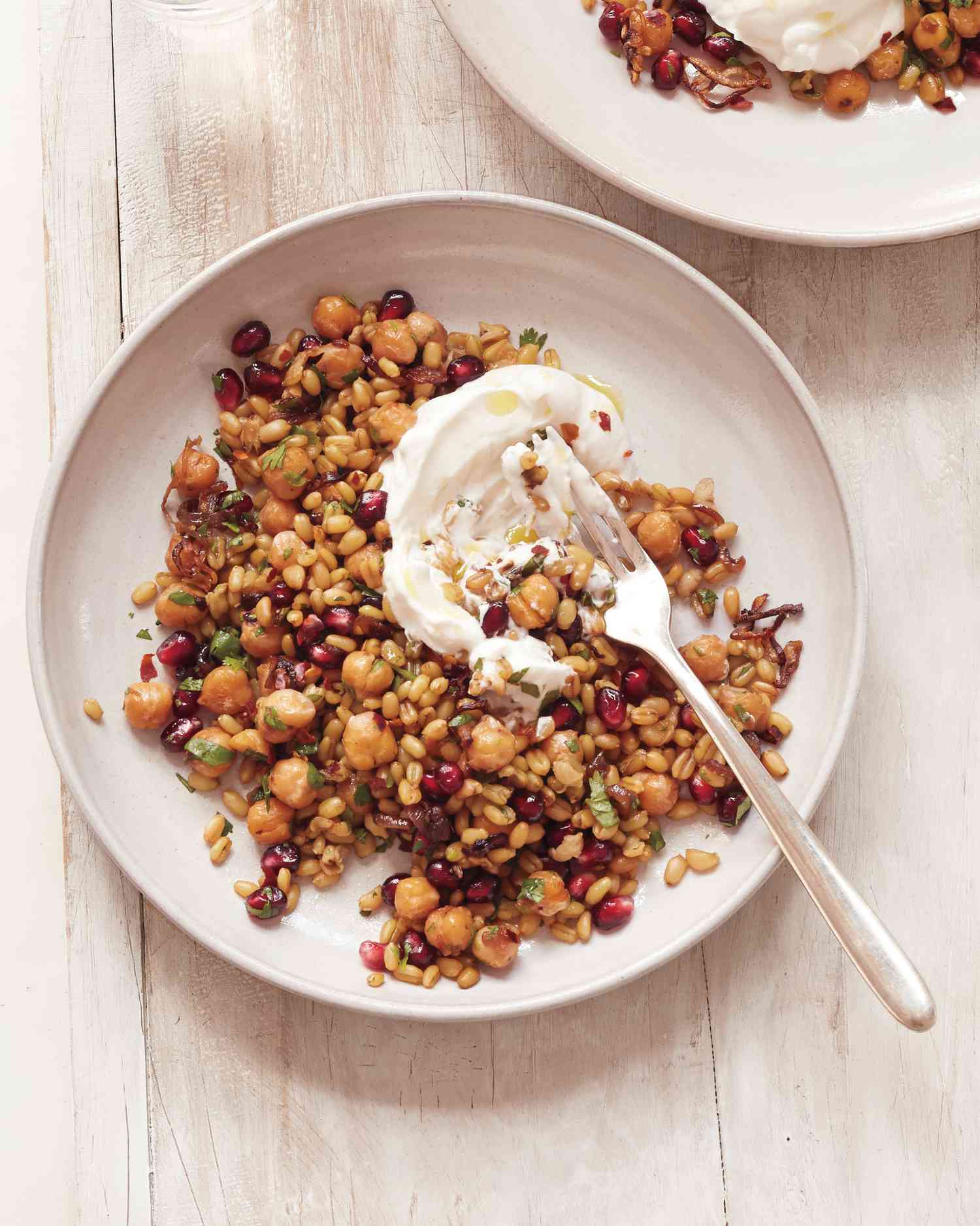 Freekeh with Caramelized Shallots, Chickpeas, Pomegranate, and Yogurt