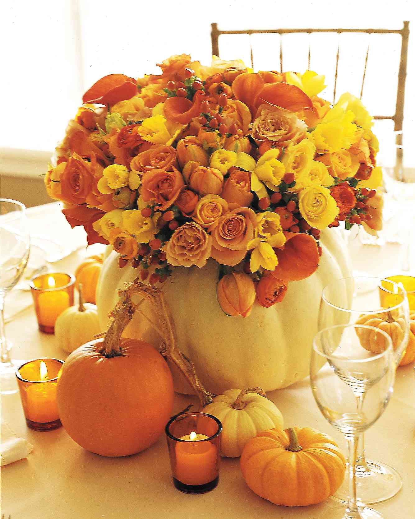 Amber Boxwood & Pumpkin Fall Arrangement Centerpiece in Etched Gold Vase Harvest Delight Cream Peony