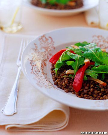 Arugula Salad with French Lentils, Smoked Chicken, and Roasted Peppers