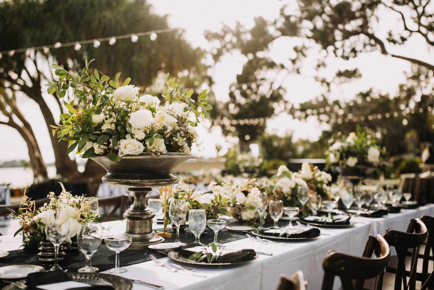 black white table with floral centerpiece